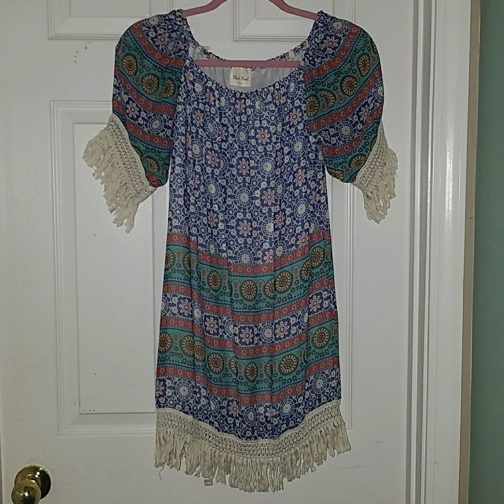 Black Bead tassel printed dress Sz S